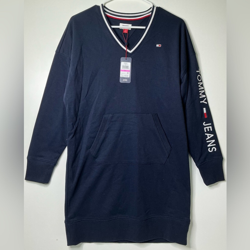 Tommy Jeans Navy Sweat Dress For Women Tiny Tommy HWK Dress V Neck XXS New
